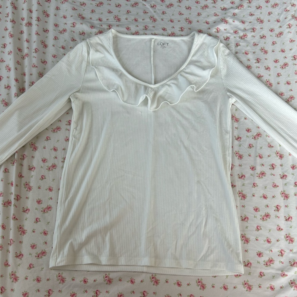 LOFT Cream Ruffle Long Sleeve Top